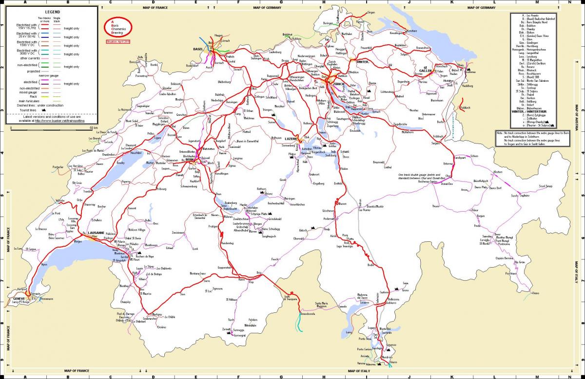 火车旅行在瑞士的地图