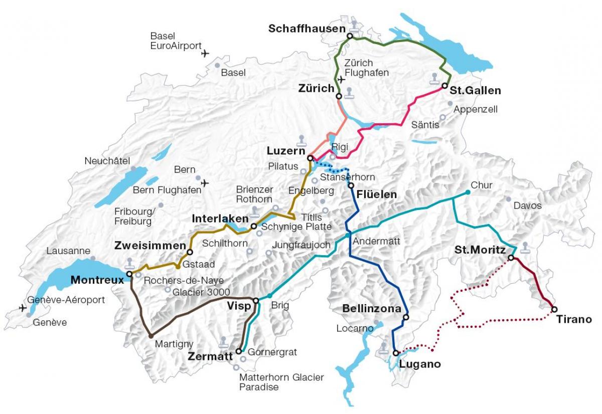 瑞士风景和火车的路线地图